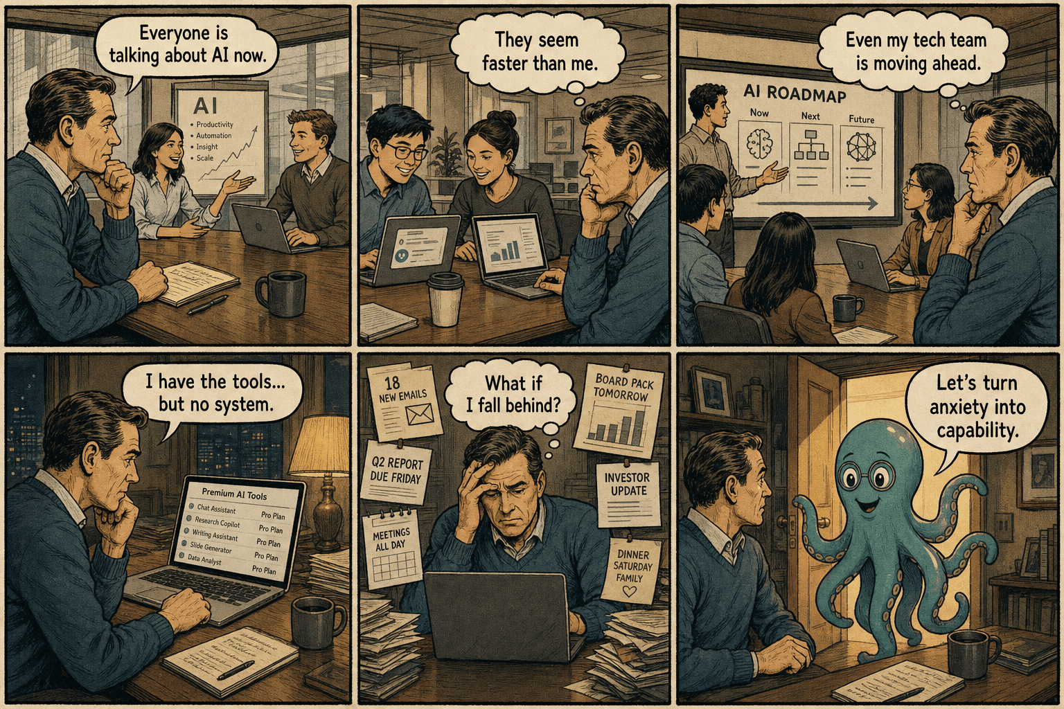 Vintage comic strip showing Tom feeling overwhelmed by AI at work before meeting the Hajar AI guide.