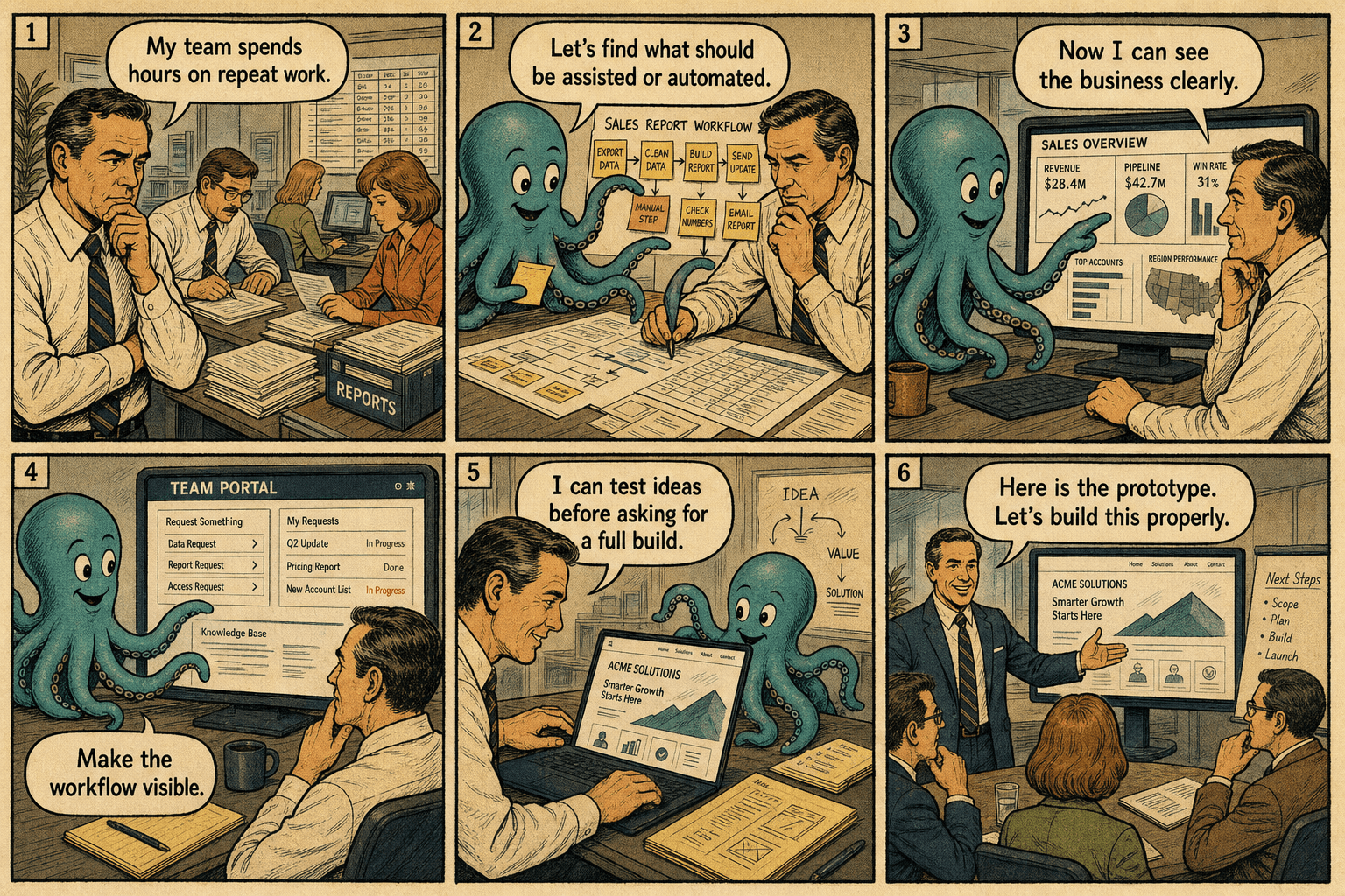 Vintage comic strip showing Tom using AI to automate office work and prototype tools for his team.