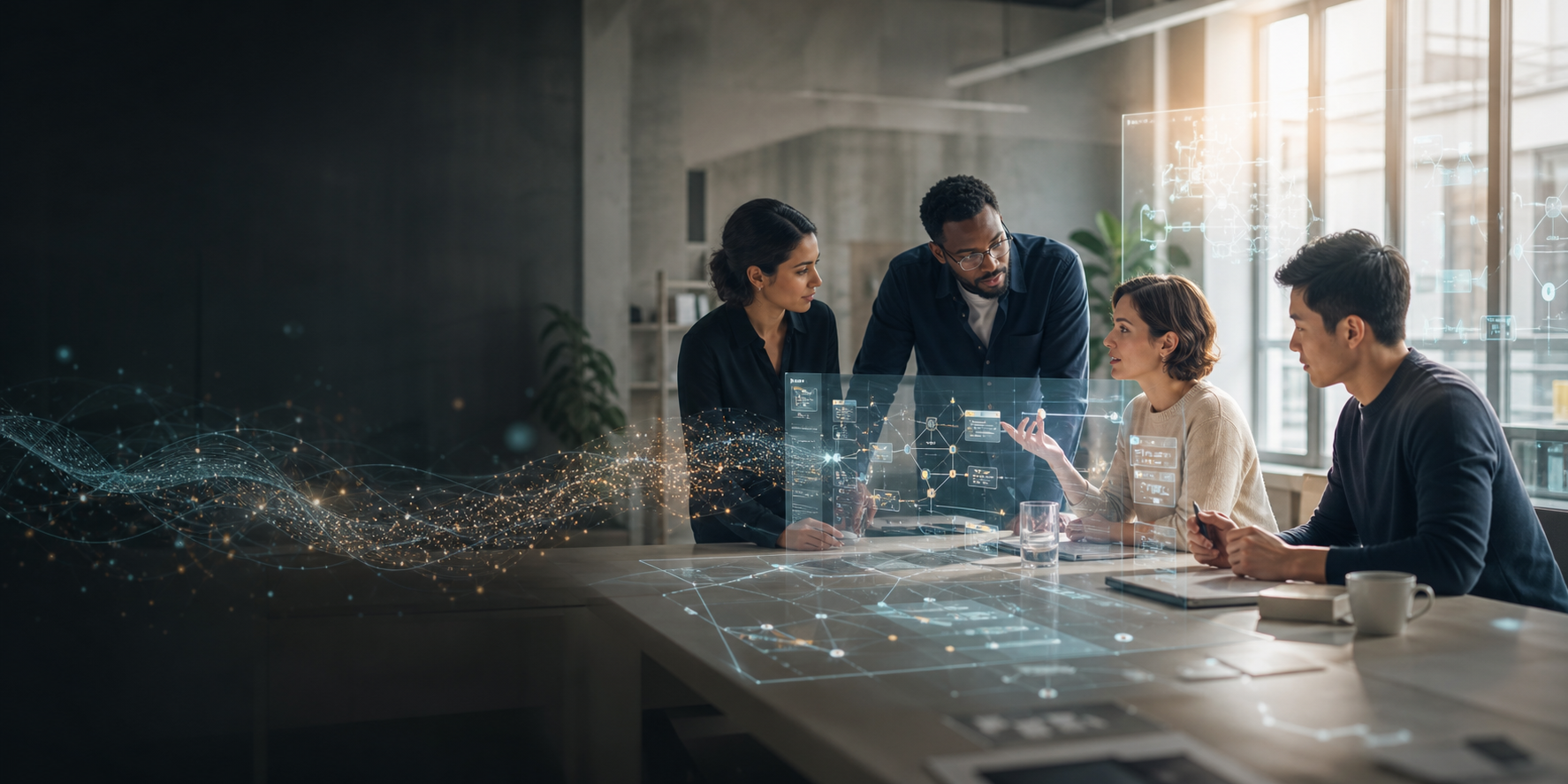 Consultants collaborating around AI system interfaces